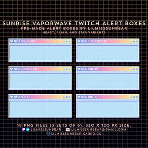 6 Twitch Alerts | Vapor Wave Blue Sunrise | P2U Static Alerts | New Follower, Subscriber, Donation, Cheer, Host, Raid | Pixel Art Alert