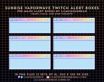 6 Twitch Alerts / Vapor Wave Blue Sunrise / P2U Static Alerts / New Follower, Subscriber, Donation, Cheer, Host, Raid / Pixel Art Alert