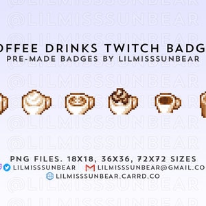 Coffee Drinks | P2U Twitch Sub Badges, Bit Badges | Pixel Art Badges for Streaming | Black, Cappuccino, Latte, Mocha, Espresso, Iced
