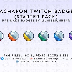 May include: Six pixel art Twitch badges in the shape of a sphere with a white background and a colored half. The colors are red, orange, yellow, green, blue, and purple. The text "Gachapon Twitch Badges (Starter Pack)" is at the top of the image. The text "Pre-made badges by LilmissSunbear" is below the badges. The text "PNG files. 18x18, 36x36, 72x72 sizes" is at the bottom of the image.