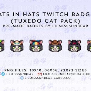 Cats in Hats - Tuxedo Cat Pack | Twitch Badge Pixel Art Cat | P2U Twitch Sub Badges, Bit Badges | Pixel Art Badges for Streaming