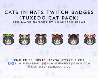 Può includere: Cinque illustrazioni digitali di gatti in smoking che indossano diversi cappelli. I cappelli includono un papillon verde, un sombrero, un cappello a righe colorate, un cappello da cowboy e un cappello a cilindro. Il testo "CATS IN HATS TWITCH BADGES (TUXEDO CAT PACK)" è in cima all'immagine. Il testo "PRE-MADE BADGES BY LILMISSSUNBEAR" è sotto i gatti. Il testo "PNG FILES. 18X18, 36X36, 72X72 SIZES" è sotto il testo. Il testo "LILMISSSUNBEAR@GMAIL.COM" è sotto il testo. Il testo "LILMISSSUNBEAR.CARRD.CO" è sotto il testo.