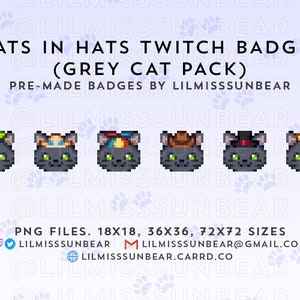 Cats in Hats - Grey Cat Pack | Twitch Badge Pixel Art Cat | P2U Twitch Sub Badges, Bit Badges | Pixel Art Badges for Streaming