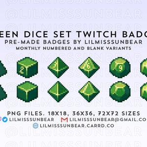 May include: Green pixel art dice with numbers 1 through 12. The dice are in a set of 12, with 6 dice in a row and 2 rows. The dice are on a light purple background with the text "Green Dice Set Twitch Badges" and "Pre-made badges by LilmissSunbear" in black text.