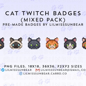 Pixel Art Cats - Mixed Pack | Twitch Badge Pixel Art Cat | P2U Twitch Sub Badges, Bit Badges | Pixel Art Badges for Streaming