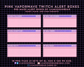6 Twitch Alerts | Vapor Wave Pink | P2U Static Alerts | New Follower, Subscriber, Donation, Cheer, Host, Raid | Pixel Art Streaming Alerts