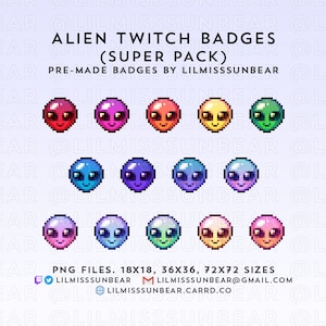 May include: A collection of pixelated alien Twitch badges in various colors, including red, purple, orange, yellow, and green. The badges are pre-made and available in 18x18, 36x36, and 72x72 sizes. Text on the image reads "ALIEN TWITCH BADGES (SUPER PACK)" and "PRE-MADE BADGES BY LILMISSSUNBEAR".