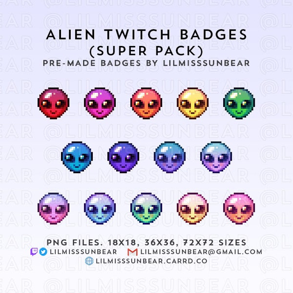 Alien Twitch Badges - Super Pack | P2U Twitch Sub Badges, Bit Badges | Pixel Art Badges for Streaming
