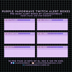 6 Twitch Alerts | Vapor Wave Purple | P2U Static Alerts | New Follower, Subscriber, Donation, Cheer, Host, Raid | Pixel Art Streaming Alert