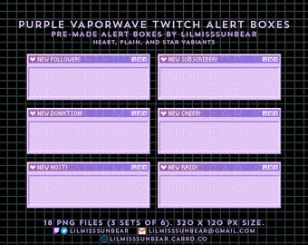 6 Twitch Alerts | Vapor Wave Purple | P2U Static Alerts | New Follower, Subscriber, Donation, Cheer, Host, Raid | Pixel Art Streaming Alert