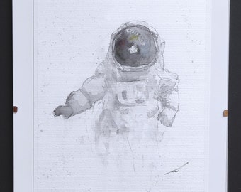 Unique - watercolor painting "astronauts" - hand-painted