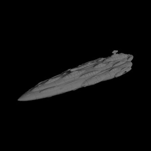 May include: A grey, detailed model of a futuristic spaceship with a long, slender design and multiple rows of windows.