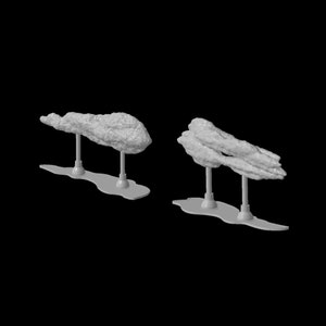 Peut inclure: Deux modèles imprimés en 3D de formations rocheuses sur des supports. Les modèles sont gris et ont une surface rugueuse et texturée.