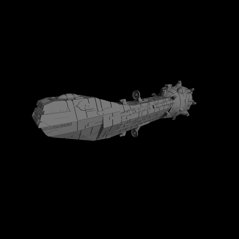 May include: A gray, detailed model of a futuristic spaceship with a long, cylindrical body and a pointed nose. The spaceship has multiple windows and a series of small, round engines.