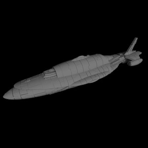 May include: A gray, detailed model of a spaceship with a long, slender body and a pointed nose. The spaceship has a single wing on each side and a tail fin.