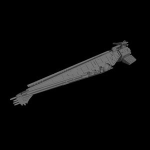 Puede incluir: Un modelo gris detallado de una nave espacial con un cuerpo largo y estrecho y una nariz puntiaguda. La nave espacial tiene una serie de pequeñas ventanas rectangulares a lo largo de sus lados y una gran ventana redonda en su parte inferior.