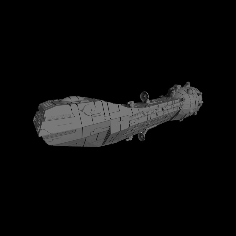 May include: A gray, detailed model of a spaceship with a long, cylindrical body and a rounded nose. The spaceship has multiple windows and a series of small, round engines along the side.