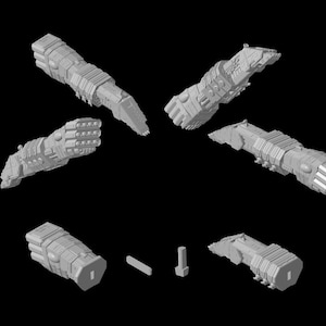 Puede incluir: Un modelo de nave espacial impreso en 3D en varias poses. El modelo es gris y tiene un diseño detallado. El modelo está formado por varias piezas que se pueden ensamblar.