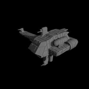 May include: A gray, detailed model of a spaceship with a long, narrow body and a large, rectangular cockpit. The spaceship has a variety of engines and other details, including a large, cylindrical fuel tank.