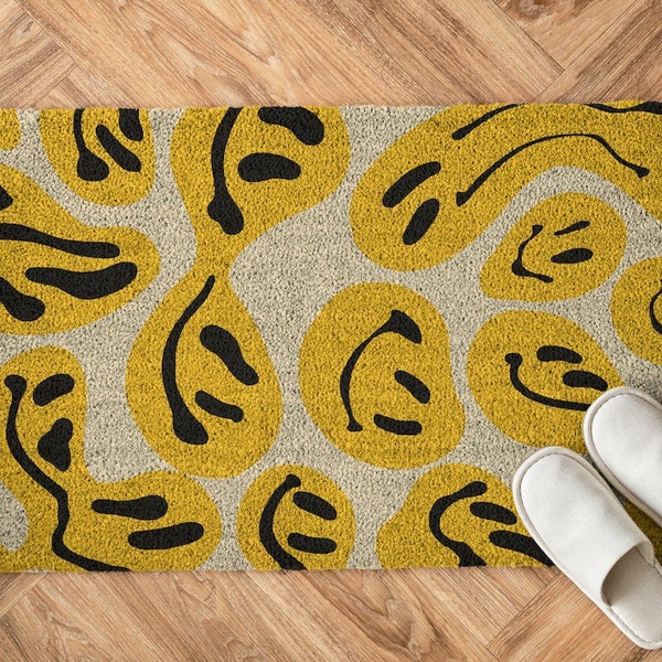 Handmade Droopy Smiley Faces Trippy Tufted Rug / Psychedelic Emoji Rug / Modern Retro Home Decoration Christmas Gifts University Students