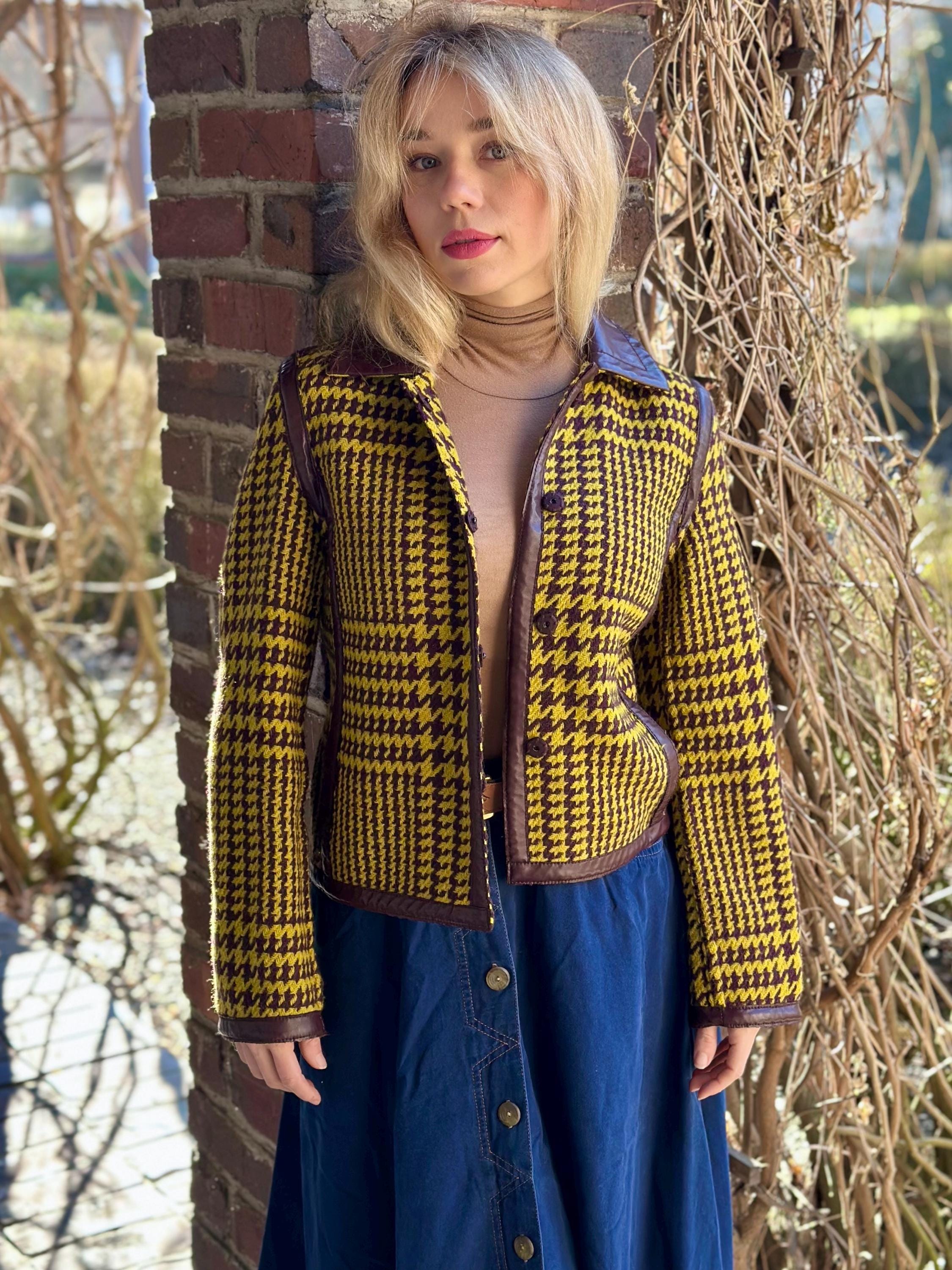 Alberta Ferretti, Vintage Alberta Ferretti Wool Mustard Yellow Tweed Jacket with Faux Leather Brown Collar