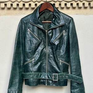 Veste en cuir vert foncé vintage Veste de moto bohème