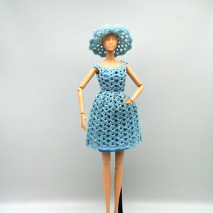 Handmade Vintage Crocheted Bridesmaid Dress in Pale Blue with Hat for 11.5&quot; Fashion Dolls