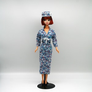 Handmade Vintage 1960&quot;s Blue Floral Dress with Pillbox Hat for 11.5&quot; Fashion Dolls