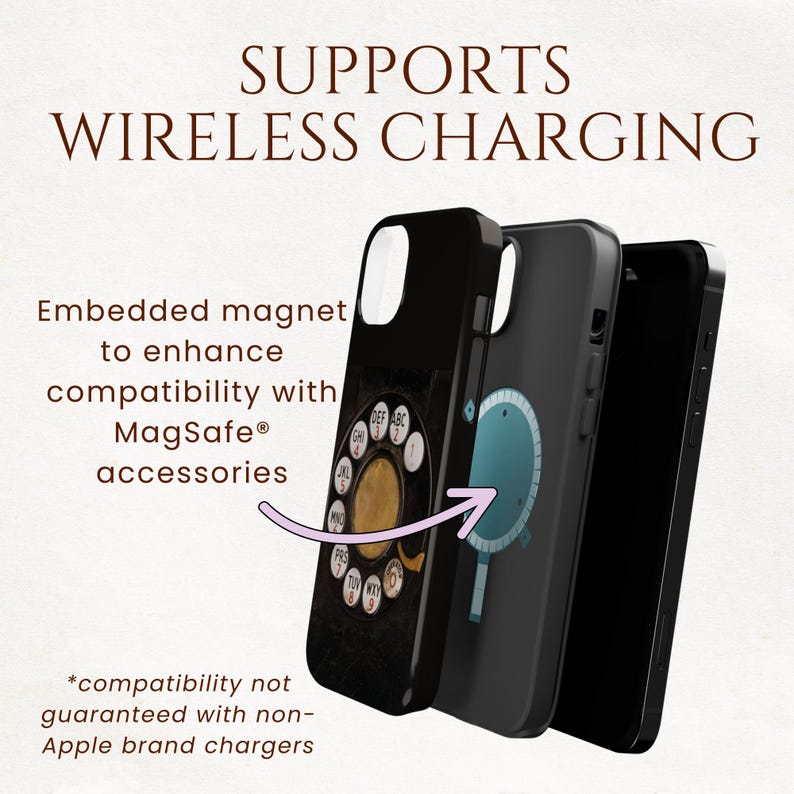 Pu&ograve; includere: Tre custodie nere per telefono su sfondo bianco. Una custodia presenta un design a telefono a disco, un'altra un design a cerchio blu e la terza &egrave; nera semplice. Il testo sull'immagine recita "SUPPORTS WIRELESS CHARGING" e "Embedded magnet to enhance compatibility with MagSafe accessories."