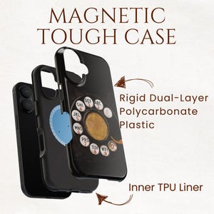 Pu&ograve; includere: Custodia per telefono nera con design a quadrante rotante. La custodia &egrave; etichettata "MAGNETIC TOUGH CASE" e presenta una plastica in policarbonato rigida a doppio strato con un rivestimento interno in TPU.