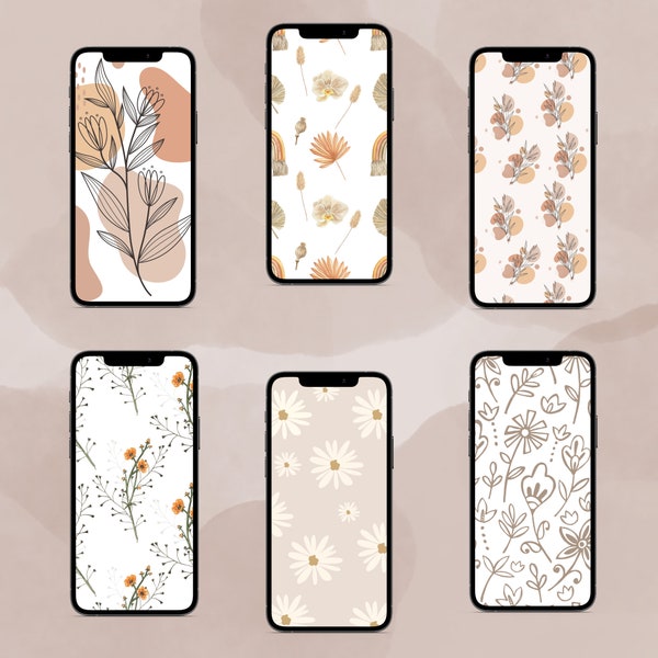 Boho iPhone Wallpapers, iPhone Beige Neutral Brown Cream Aesthetic Wallpaper, Boho Floral Wallpaper | Muted Aesthetic Wallpaper, 6 Designs