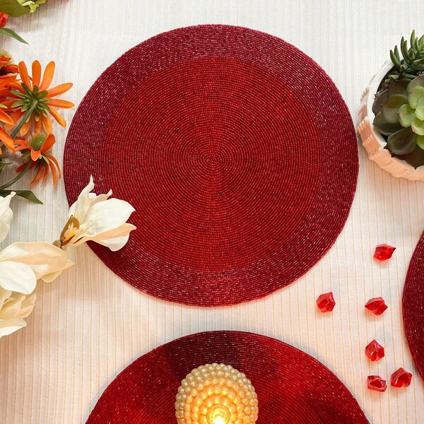 Handmade beaded placemats/Beaded tablemats/Living room table decoration/Red Beads/ Elegant plain placemats/ Gift for her