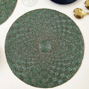 Green Beaded Placemats, Charger Plate Beaded Mat, Living Room Table Decor, Elegant Decorative Centrepiece Tablemat