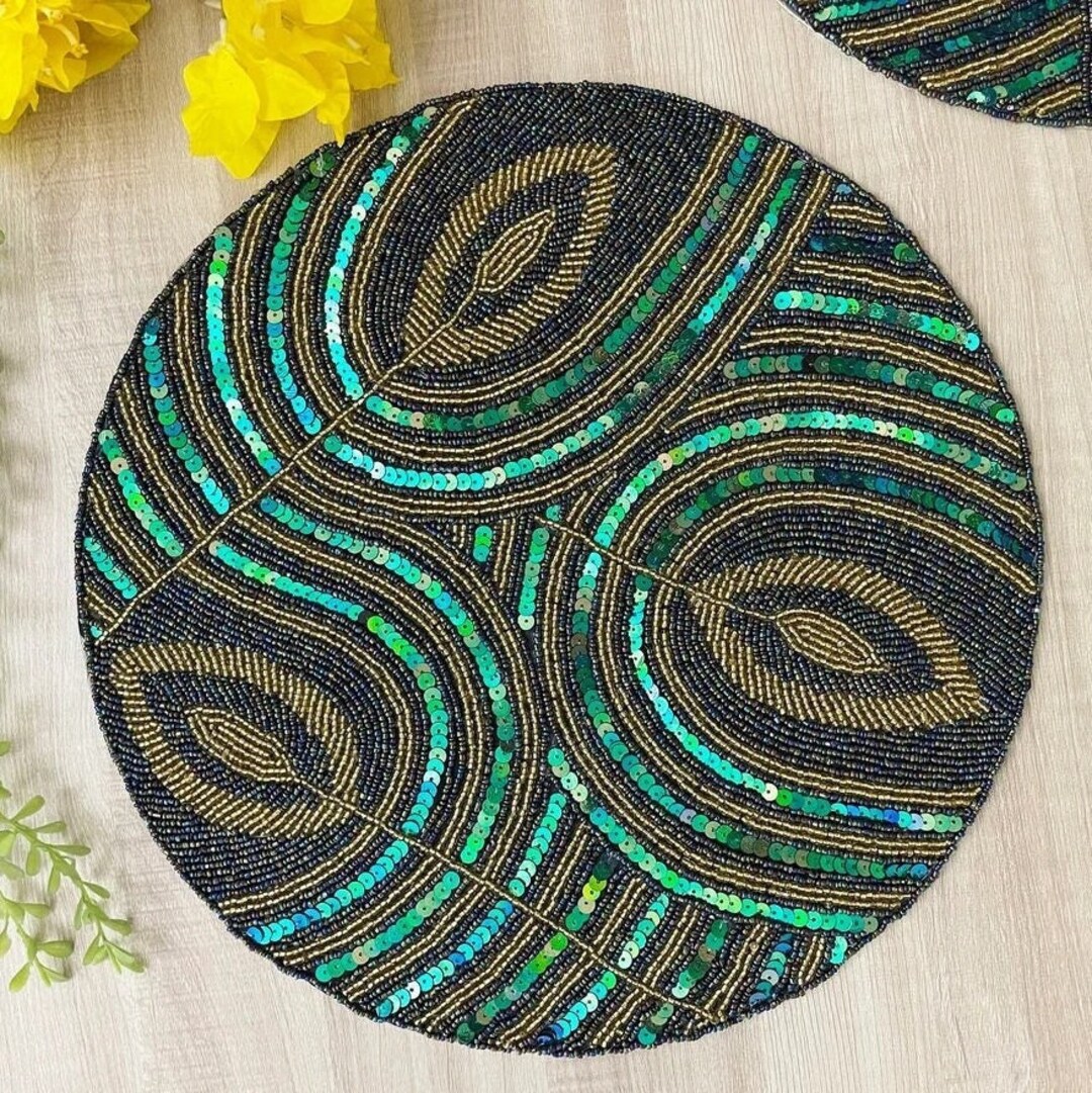 Set of 2 Luxury Handmade Peacock Feather Beaded Placemats Etsy