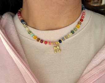Gold Plated Rainbow Beaded Initial Necklace