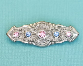 Vintage Blue & Pink Rhinestones Silver Tone Abstract Symbolic Brooch - E39