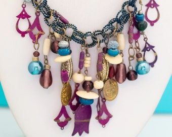 18 inch, Vintage Purple Beads Intricate Bib Necklace - E42