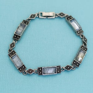 Vintage Edwardian Geometric Rectangular Faux Stones Silver Tone Bracelet 7 inch - E5