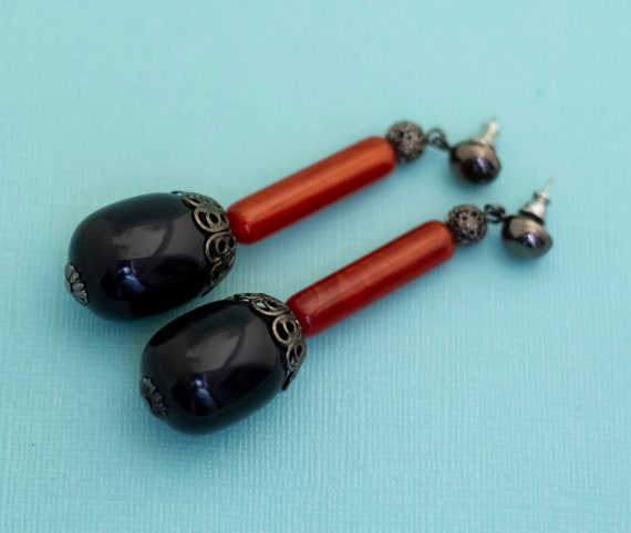 Vintage Bohemian Black Oval Faux Beads Dangle Ear… - image 1