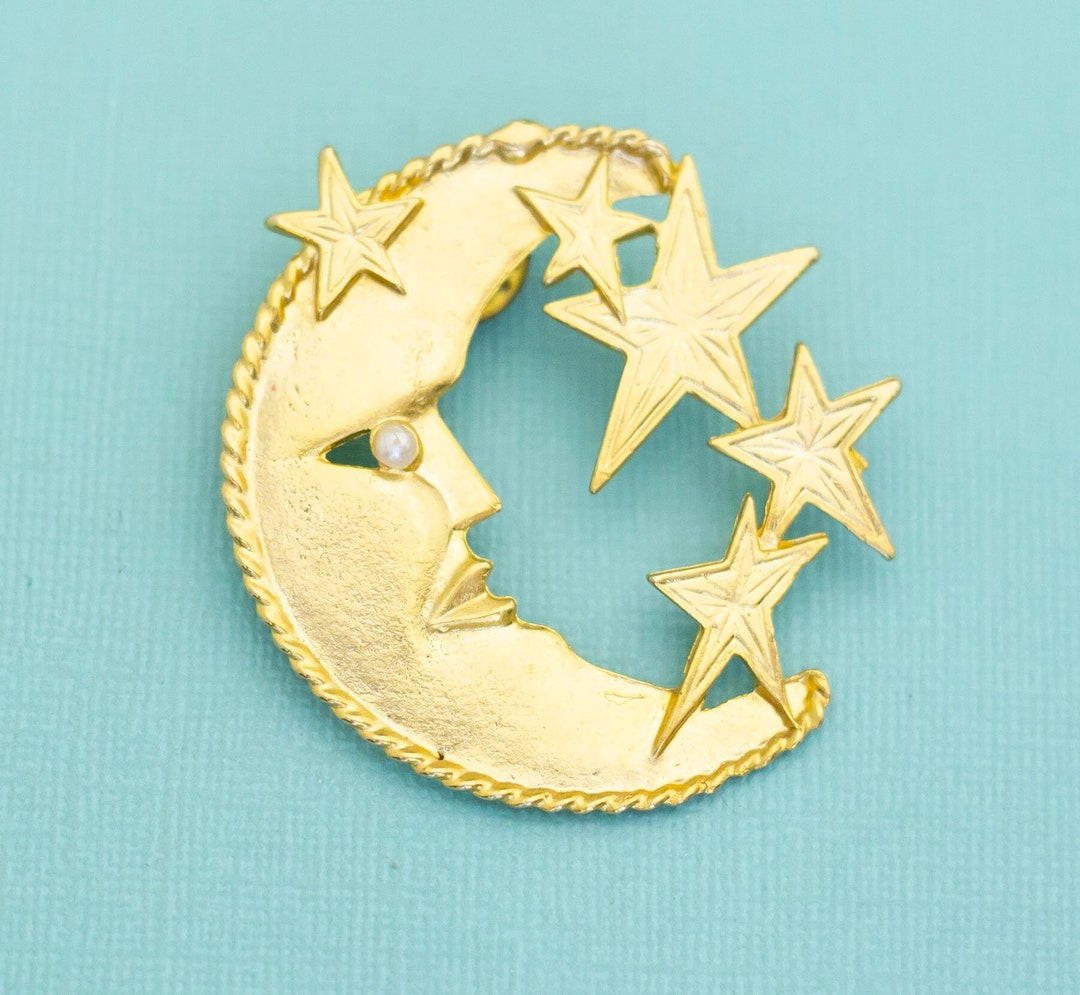 Broche Ancienne Soleil étoiles Lune - Bronze Doré, Vintage XXème Siècle, Angleterre, Occasion