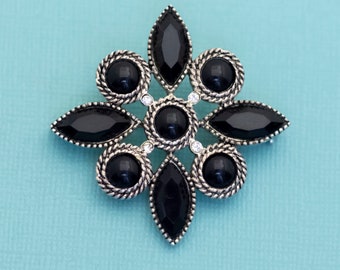 Vintage Art Deco Black Symbolic Beads Silver Tone Brooch - E8