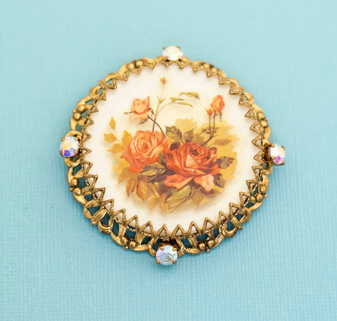 Broche Art Nouveau Micromosaïque - Décor Floral Sur Laiton - Dimensions 28x28mm - Occasion