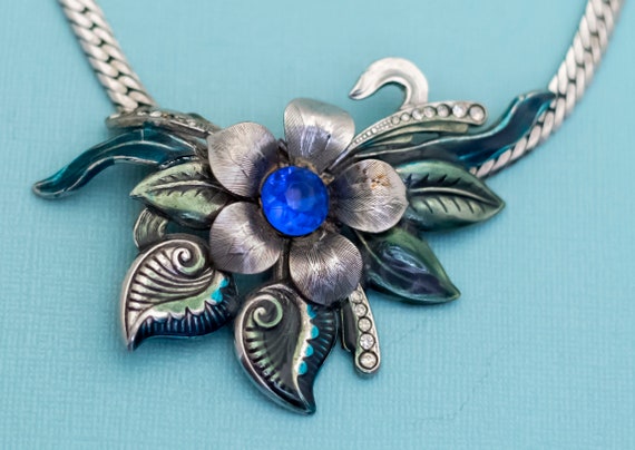 Vintage Art Nouveau Blue Gem Floral Silver Tone N… - image 2