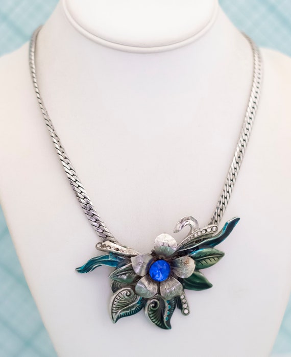 Vintage Art Nouveau Blue Gem Floral Silver Tone N… - image 3