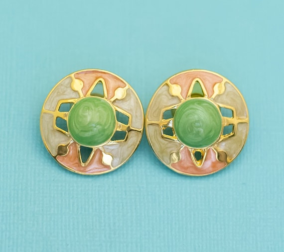 Vintage Circle Marble Jade Green Stud Earrings - … - image 1