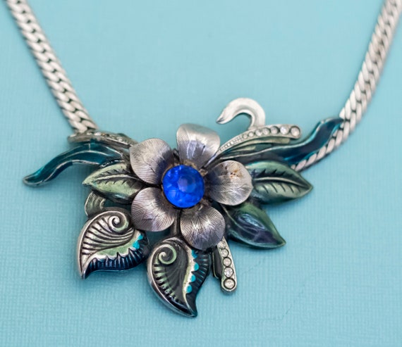 Vintage Art Nouveau Blue Gem Floral Silver Tone N… - image 1