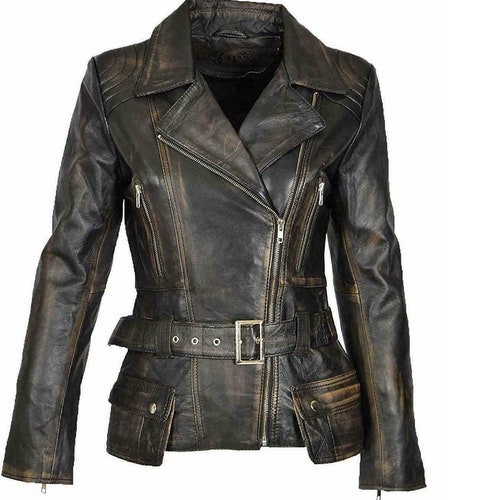 Womens Vintage Star Brown Biker Motorcycle Leather Jacket - Etsy