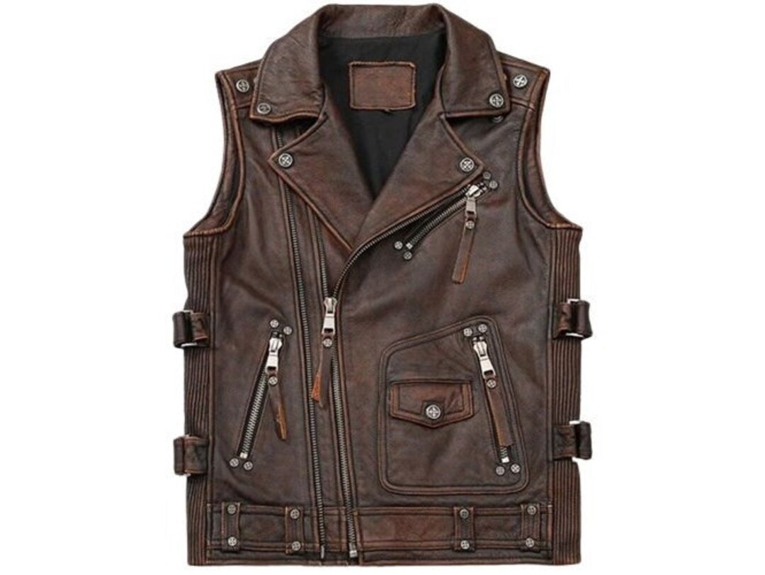 Mens Leather Motorcycle Vest Brown Leather Gilet Sheepskin Etsy