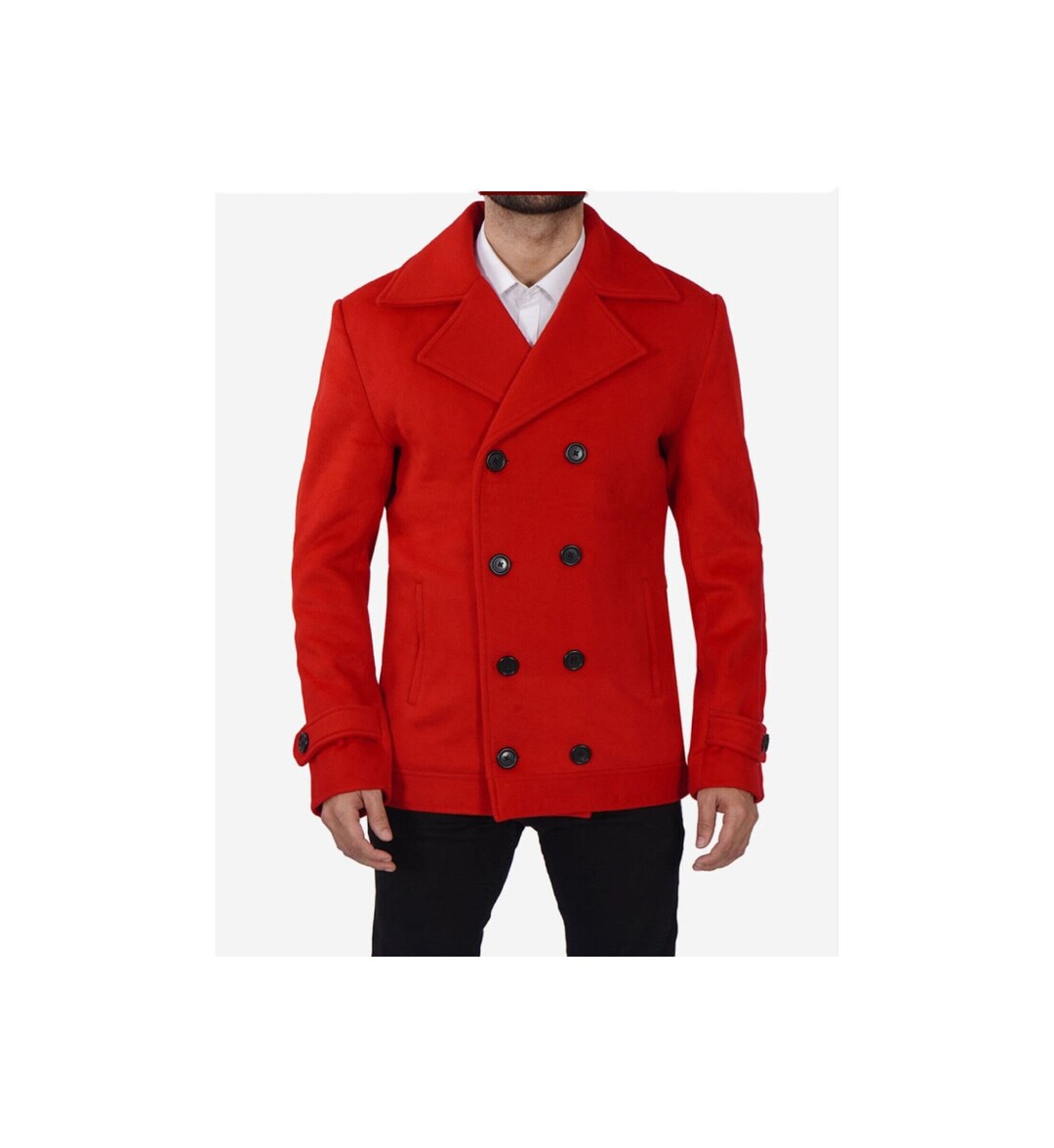 Mens Red Pea Coat Double Breasted Handmade Etsy