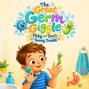 Könnte beinhalten: Eine farbenfrohe Illustration mit dem Titel The Great Germ Giggle: Floky and Tom's Tummy Trouble, die ein Kind mit braunen Haaren in einem blau gestreiften Shirt zeigt, das mit zwei kleinen, lächelnden grünen und blauen Keimen in einem Badezimmer spielt.
